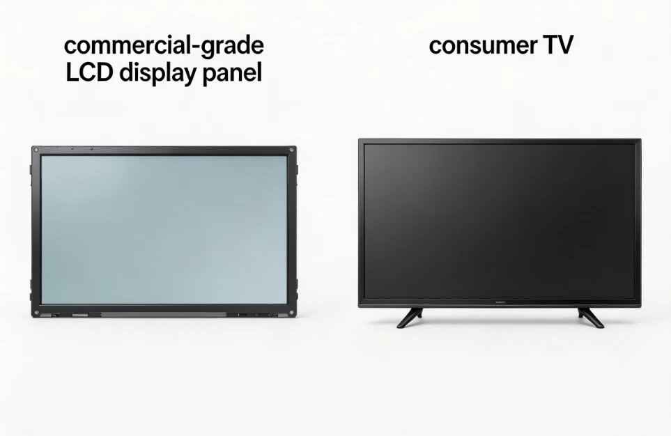 Comparison of commercial-grade LCD display panel versus consumer TV in a high-traffic retail environment showing brightness, durability, and continuous operation capabilities Comparison of commercial-grade LCD display panel versus consumer TV in a high-traffic retail environment showing brightness, durability, and continuous operation capabilities