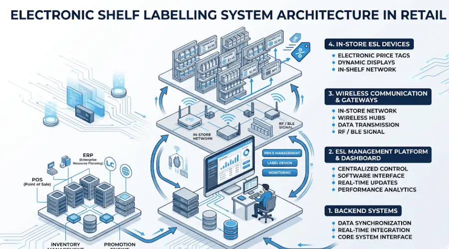 Electronic shelf labelling system architecture connecting shelf labels, gateways, software, POS, ERP, and inventory systems Electronic shelf labelling system architecture connecting shelf labels, gateways, software, POS, ERP, and inventory systems